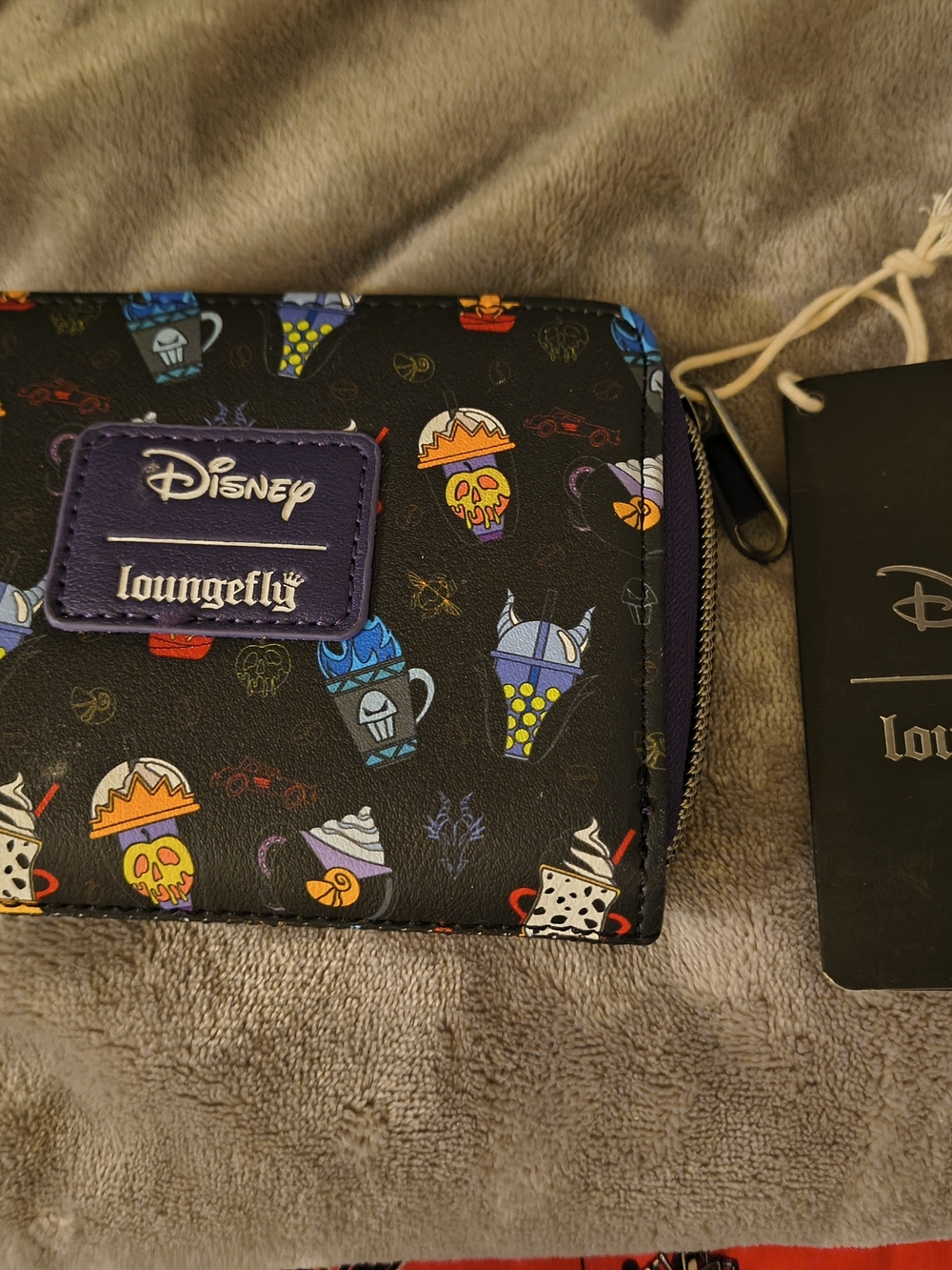 Loungefly Black Villains Snack Print Wallet with Purple Logo Patch